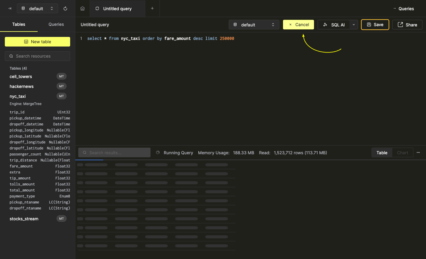 Cancel button that appears during query execution - Zoomed