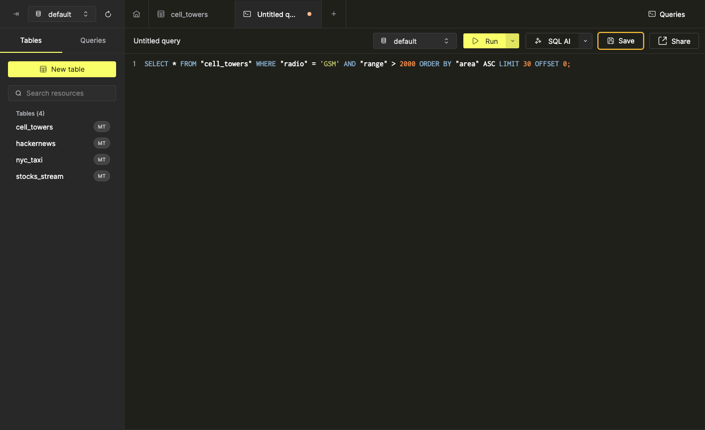 Interface showing the Create Query button that generates SQL from filters and sorts - Zoomed