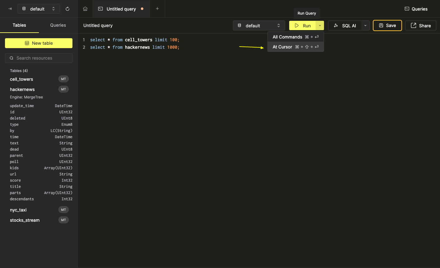Run at cursor option in the extended run options menu - Zoomed