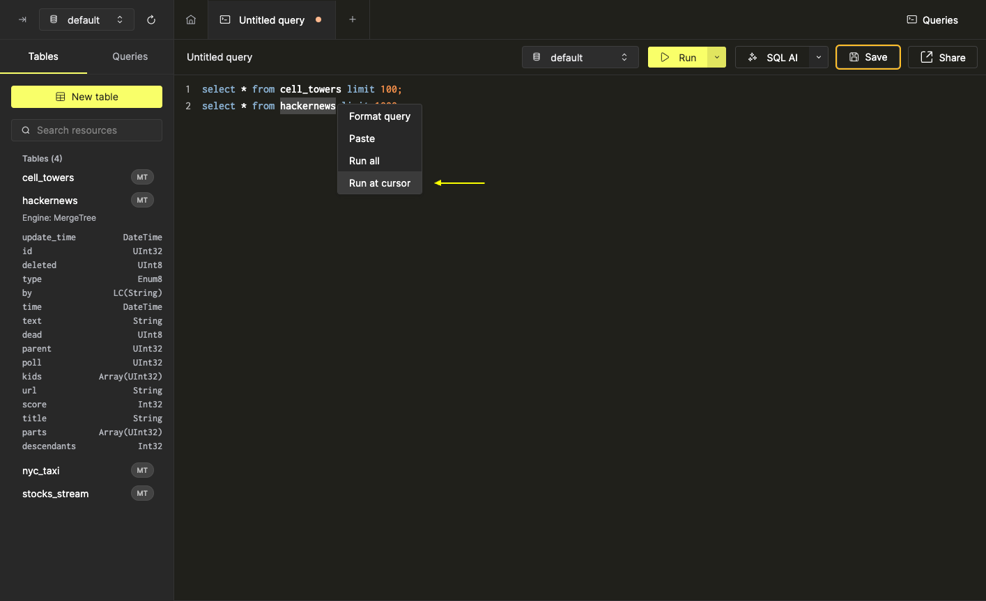 Run at cursor option in the SQL Editor context menu - Zoomed
