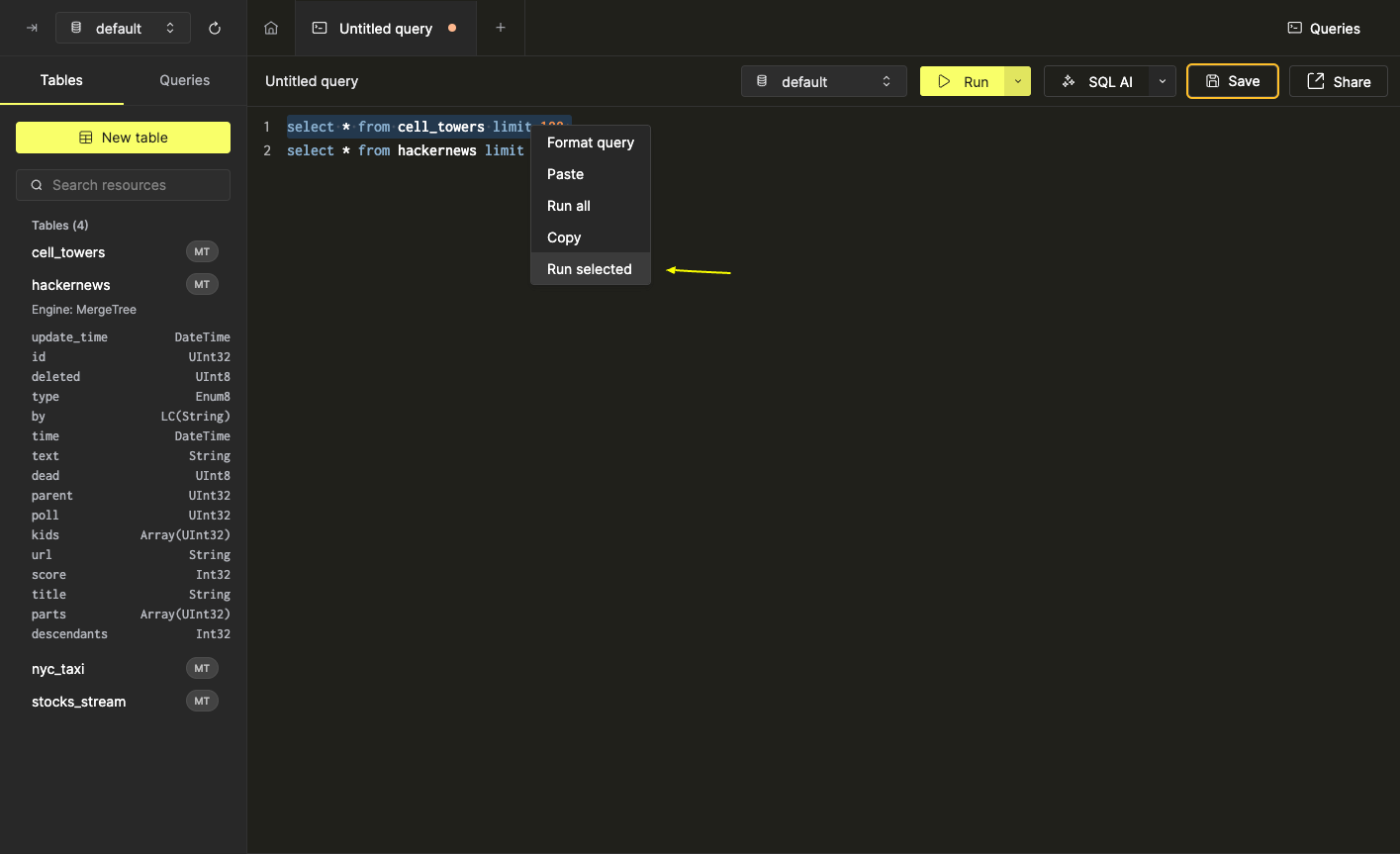 Interface showing how to run a selected portion of SQL query - Zoomed