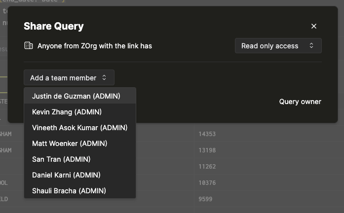 Interface for adding a team to a shared query - Zoomed