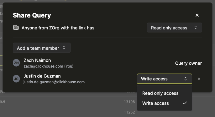 Interface for editing member access to a shared query - Zoomed